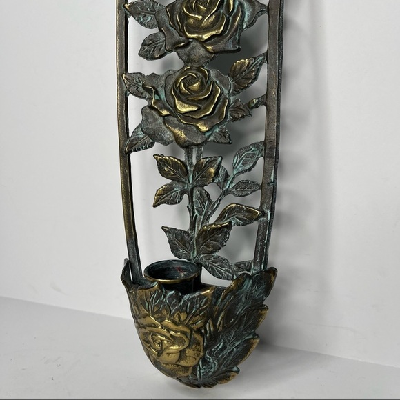 Antiqued Patina Brass 16.5” Tall Wall Sconce Candle Hanger‎ with Rose Embossed - Picture 8 of 11